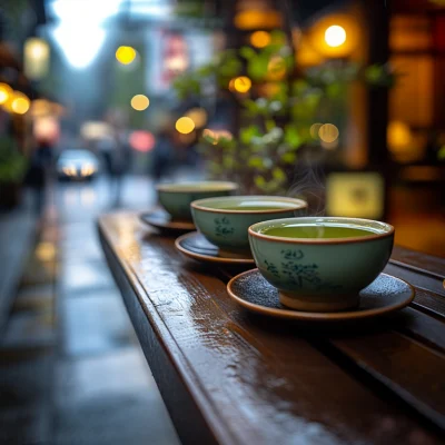 3 tasses de thé vert sur une table en bois dans une rue d'Osaka