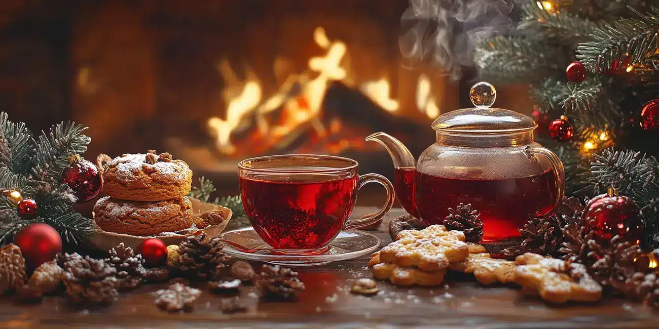 Thé rouge Rooibos de Noël devant la cheminée accompagné de gateau de Noël devant une cheminée